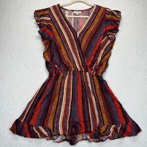 Umgee Striped‎ Romper V-Neck Ruffle Sleeve Multicolor Casual Size L